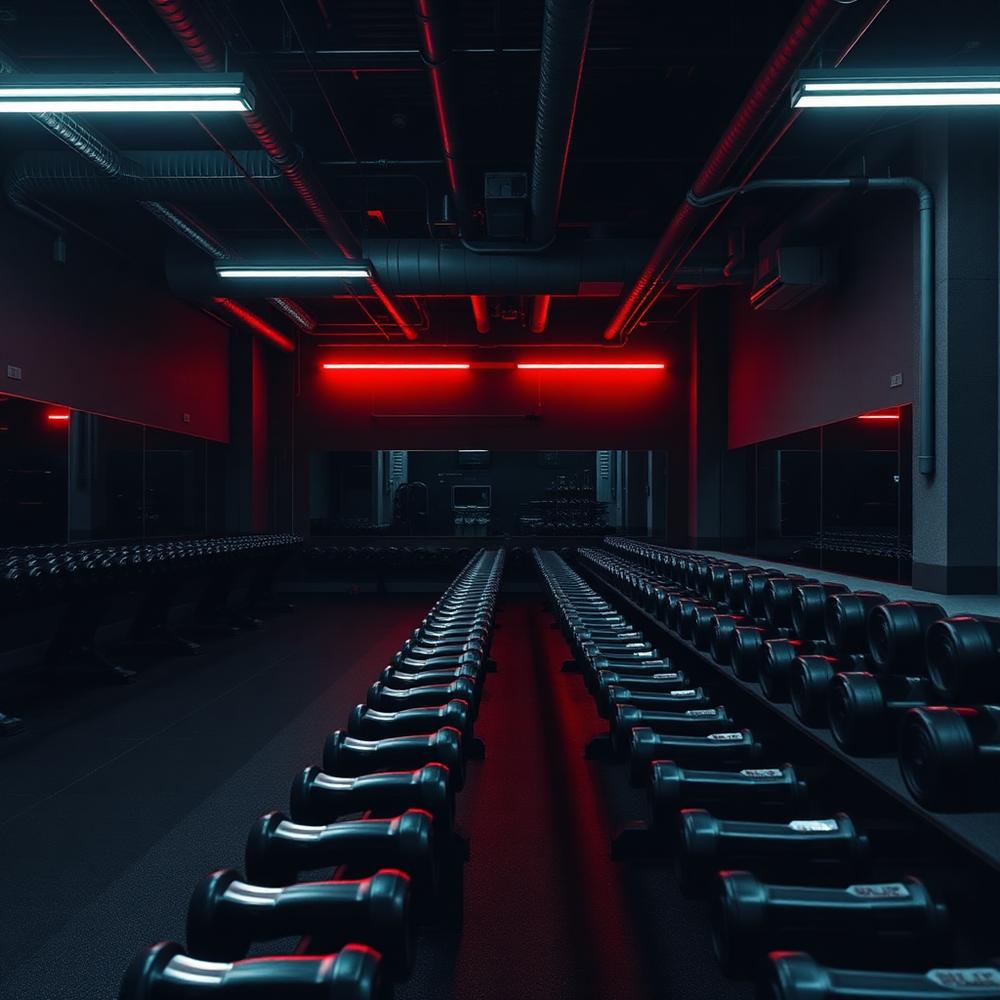 Dumbbell rack with red lighting