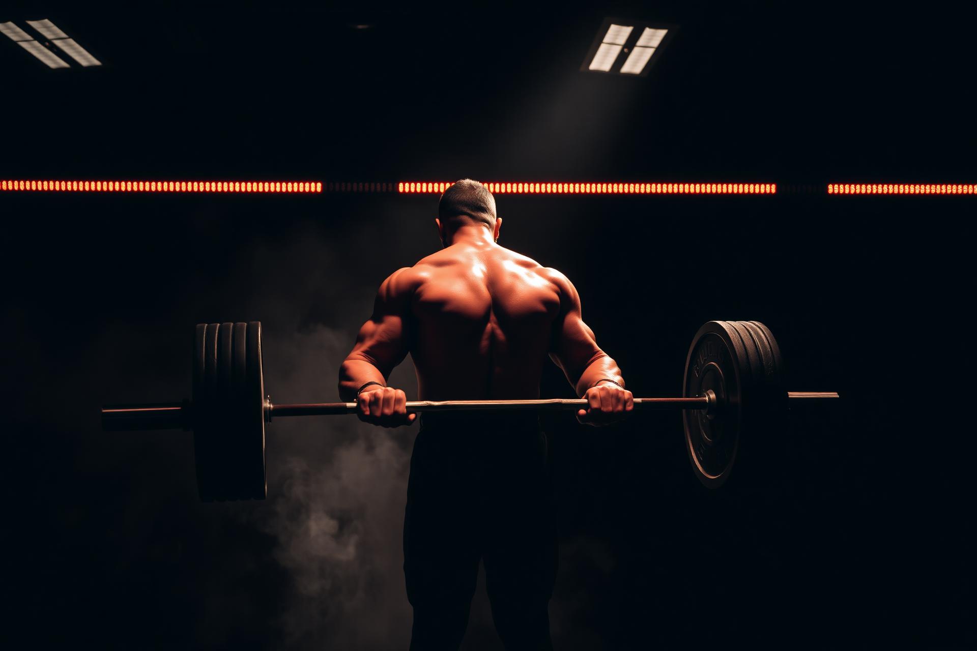 Athlete lifting heavy barbell in dramatic gym lighting